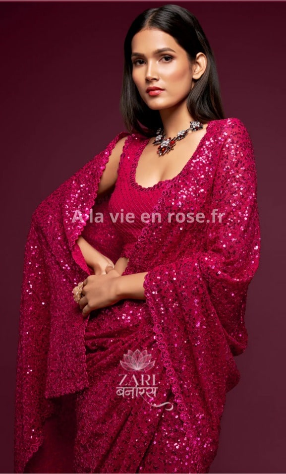Sari pour femme - robe indien rose vif brodé de paillettes - Saree